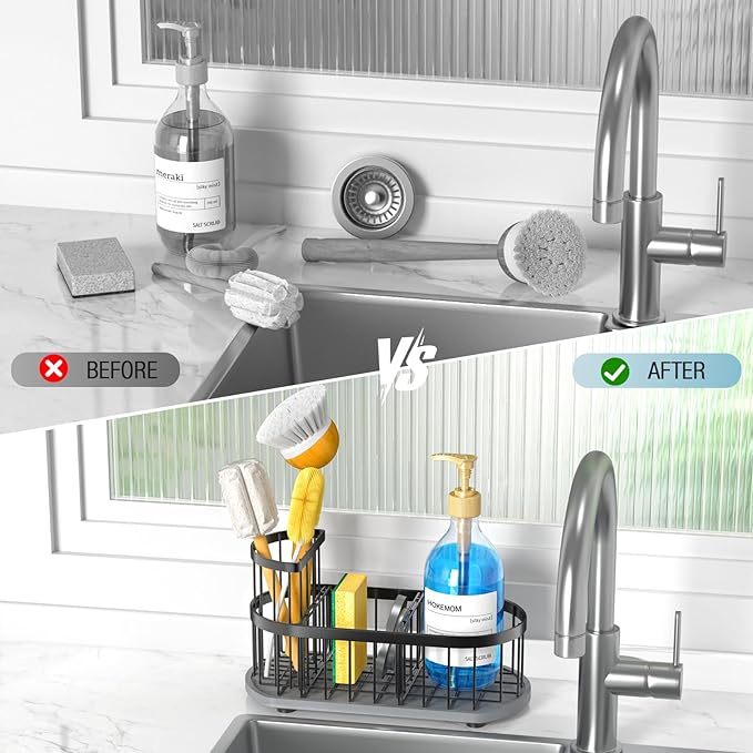 LARGE Kitchen Sink Caddy Organizer,[FLEXIBLE PLACEMENT & FAST-DRYING] Sponge Holder for Kitchen Sink Countertop with High Brush Holder-Rustproof 304 Stainless Steel-9.84"L x 4.72"W x 5.83"H