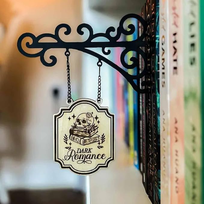 Book Nook Tavern Signs– Genre Shelf Labels with Hanging Brackets, Tavern-Style Book Nook Decor, Bookshelf Genre Signs for Home Library Book Dividers for Shelves,Home Library Book Dividers for Shelves (Dark Romance)