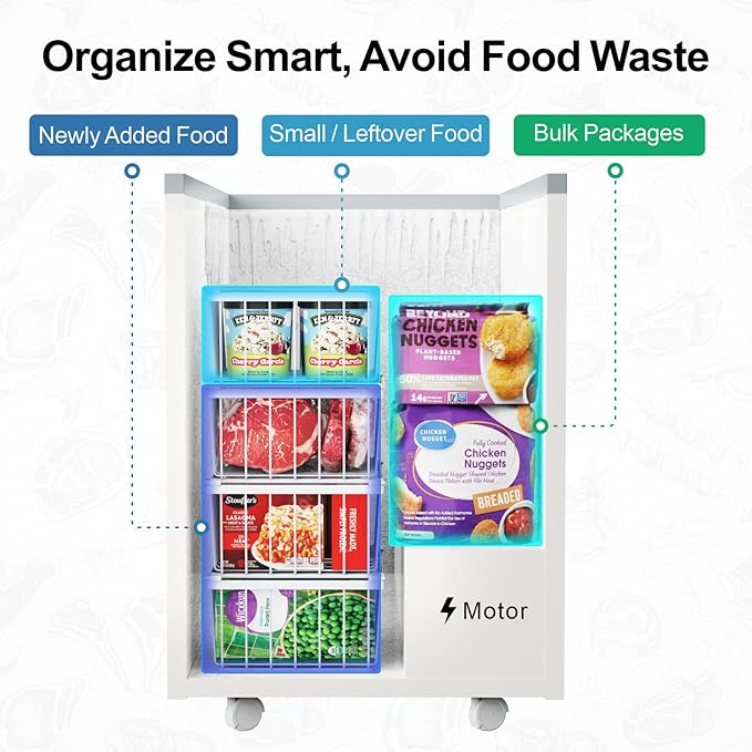iSPECLE Freezer Organizer Bins - 4 Pack Stackable Chest Freezer Organizer for 5 Cu Ft Deep Freezer Sort Frozen Food, Deep Freezer Organizer Bins Easy to Get Food from Bottom without Digging, White
