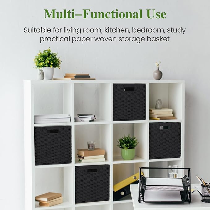 Woven Wicker Storage Baskets 4-Pack, 11x11 Handwoven Paper Rope Organizer Bins, Foldable Cube Storage Cubes with Built-in Handles for Shelves and Closet Organization(Classic Black)