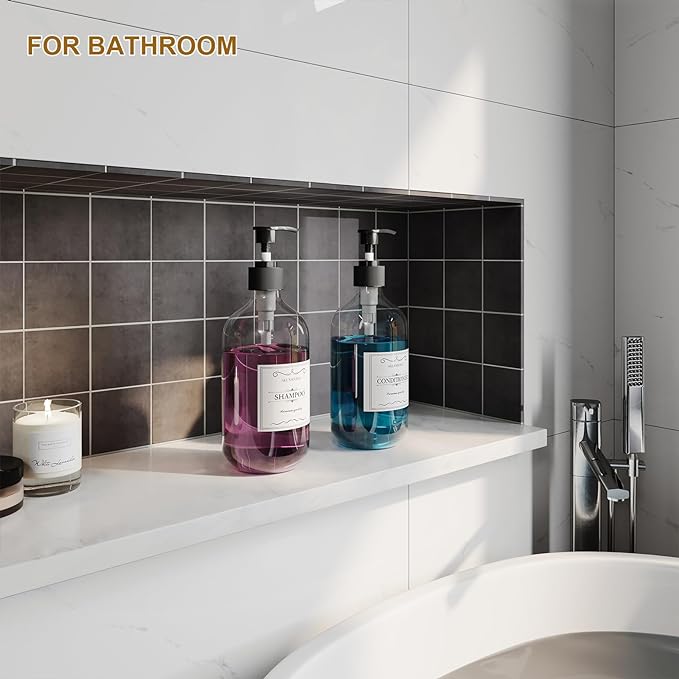 2PCS Clear Dish Soap Dispenser for Kitchen with Rust Proof Pump (16 Oz), Premium Hand Soap Dispenser for Bathroom, Plastic Liquid Soap and Lotion Dispenser/Bottles Set, Waterproof Labels