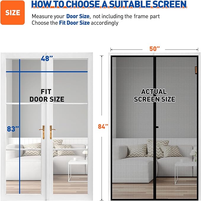 MAGZO Magnetic Screen Door Fit Door Size 48 x 83 Inch, Screen Size 50" x 84" Strong Magnet Mesh with Reinforced Hook & Loop for French, Sliding and Patio Entrances, Black