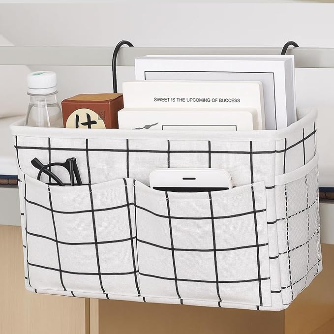 Bedside Caddy Organizer Hanging Storage Basket with Large Pockets & Hooks, Heavy-Duty Canvas Bedside Organizer for Bunk Beds, Dorm Rooms, Hospital Beds & Small Spaces (White Grid Pattern)
