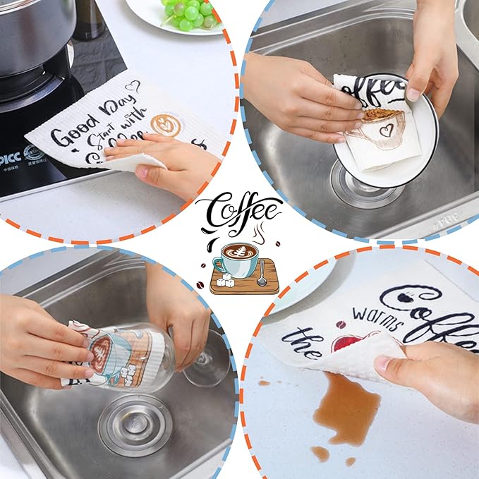 6 Pcs Swedish Kitchen Dish Towels Kitchen Cloths Reusable Sponge Cleaning Cloths Absorbent Dish Cloth Quick Drying Washable Cleaning Wipes No Odor Hand Towel (Coffee)