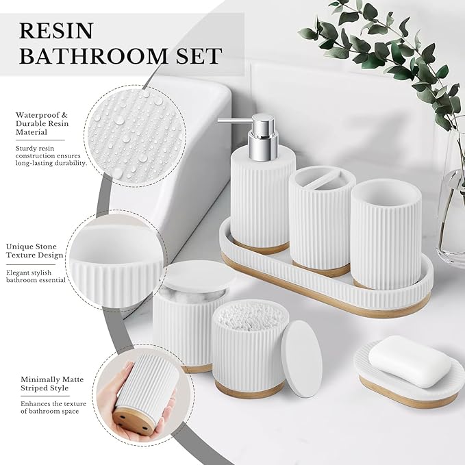 7PCS Bathroom Accessories Set, with Soap Dispenser, Q-tip Holder, Toothbrush Holder, Tumbler, Soap Dish, Vanity Tray, Complete Bathroom Accessory Set Organizer Countertop for Modern Home Decor, White
