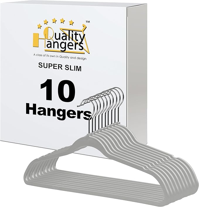 Quality Hangers 10 Pack Slim Plastic Hangers for Clothes - 16.5" Won't Crease Your Clothes, Heavy Duty Non-Velvet Black Hangers, 360° Swivel Chrome Hook Dresses Coats Shirts (10, Gray)