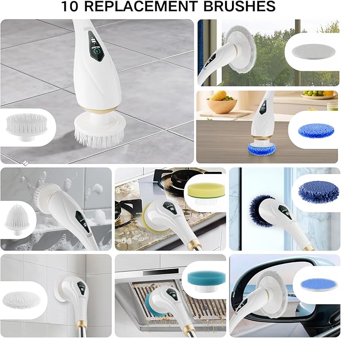 Hofenta Electric Spin Scrubber with 10 Replaceable Brush Heads, Extendable Handle Up to 59", 2 Speed Modes, Waterproof, Cordless Cleaning Brush, 2H Cleaning Time,Perfect for Home, Bathroom,Kitchen