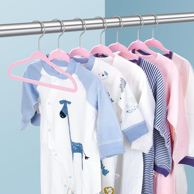 Pink Velvet Kids Hangers 50 Pack - 11" Ultra Thin Non-Slip Clothes Hangers for Baby/Toddler/Daycare | 360° Rotating Hooks, Space-Saving Nursery Organization