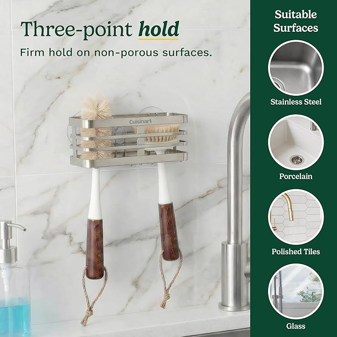 Cuisinart Sponge Holder for Kitchen Sink—Metal Sink Caddy with Triple Suction Cups, Kitchen Sink Organizer, Organization and Storage for Sponges, Brushes, Soap & Cleaning Accessories
