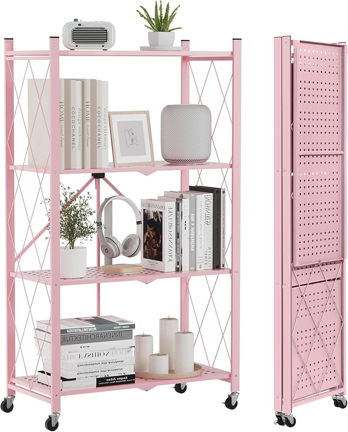 ALANNG Heavy Duty 4-Tier Folding Shelf with Wheels, No Tools Assembly Metal Storage Rack Cart, 264LBS Capacity for Kitchen, Pantry, Laundry Room, Garage, (Pink, 1PACK)