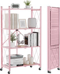 ALANNG Heavy Duty 4-Tier Folding Shelf with Wheels, No Tools Assembly Metal Storage Rack Cart, 264LBS Capacity for Kitchen, Pantry, Laundry Room, Garage, (Pink, 1PACK)