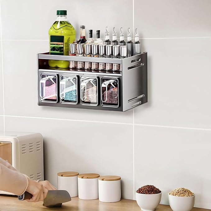 Kitchen Spice Rack, Kitchen Organizer and Storage Rack with 4 Spoons, Spice Organization for Cabinets Punch-free Wall/Countertop Home Decor Multifunctional Double Layer 4 Grid Condiment Rack, Gray