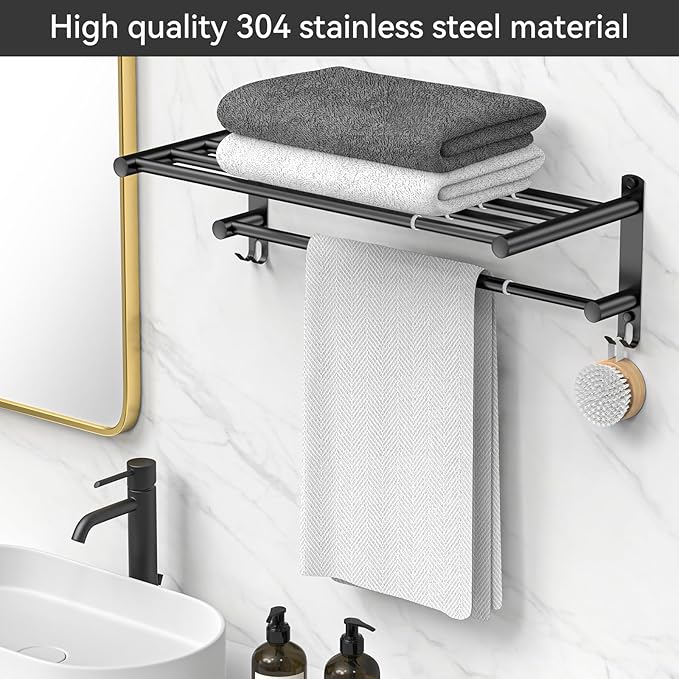 CAXIMSY Black Adjustable Towel Bar for Bathroom Wall Mount17-30.7inch Adhesive Shower Towel Rack Stainless Steel Bath Towel Holders for Toilet Kitchen Double Towel Hanger (Black 2-Layer Towel Rack)