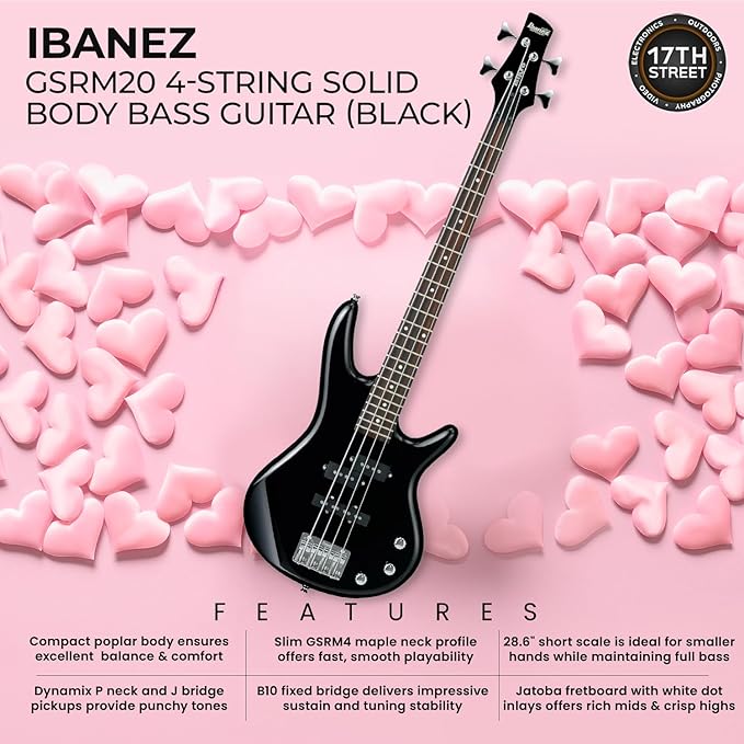 Ibanez GSRM20 4-String Solid Body Bass Guitar (Black) - Right Handed Poplar Body Bass with GSF50 Powerpad Strap, 15 Pack Guitar Picks with Storage Box & Microfiber Cleaning Cloth (Bundle Set)