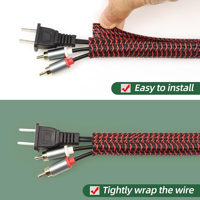 Split Wire Loom Tubing, Cable Protector Sleeve, Braided Cable Management for TV/Computer/Home Theater/Engine Bay, Cord Protectors from Pets No Chew (Red and Black, 1/2"-25ft)