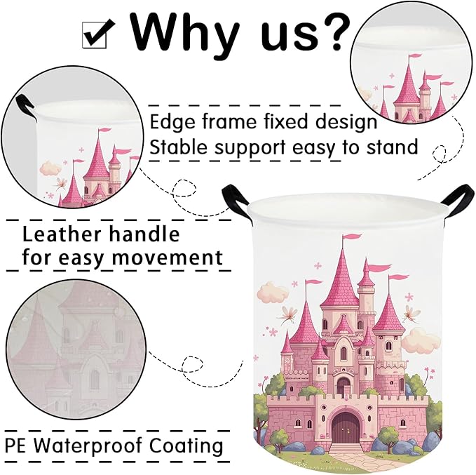 kids basket pink castle,Grils Hamper,Kids Laundry Hamper,Canvas fabric waterproof foldable laundry basket,toy bins,Girls Room decor(Castle)