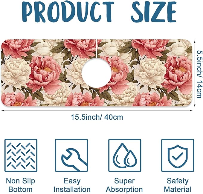 Beautiful Peony Sink Splash Guard Bright Peonies Faucet Absorbing Mat Fast Drying Mat Sink Gadgets Splash Guard Behind Faucet Drip Catcher for Kitchen Bathroom, 15.5"x5.5"