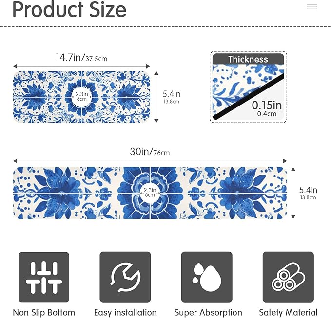 Kitchen Sink Splash Guard 2 PCS 14.7 Inch Sink Faucet Mat Splash Guard for Bathroom Countertop Water Absorbent Foldable Cuttable Soft Washable Floral Blue and White Tile