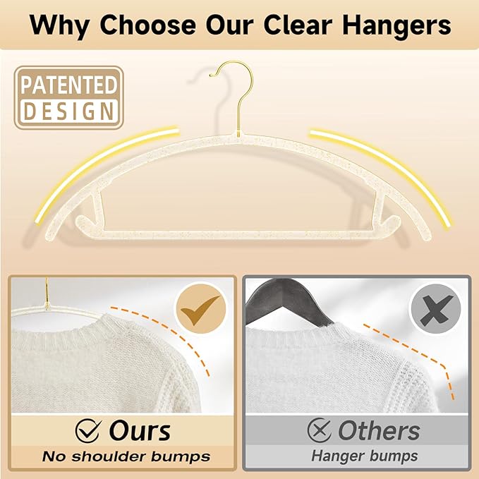 MIZGI Premium Clear Hangers with Gold Glitter (50-Pack) - Heavy-Duty Acrylic Suit Hangers with Gold Hooks - No Shoulder Bump Space Saving Clothes Hangers for Jackets, Coats, Dresses