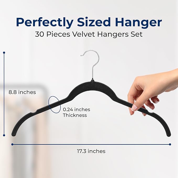 SereneLife 30-Piece Velvet Shirt Hangers – Black Non-Slip, Heavy Duty Clothes Hangers with 360° Swivel Hooks, 0.2" Slim Design, Sturdy & Lightweight Closet Organizers for Shirts, Coats & Pants