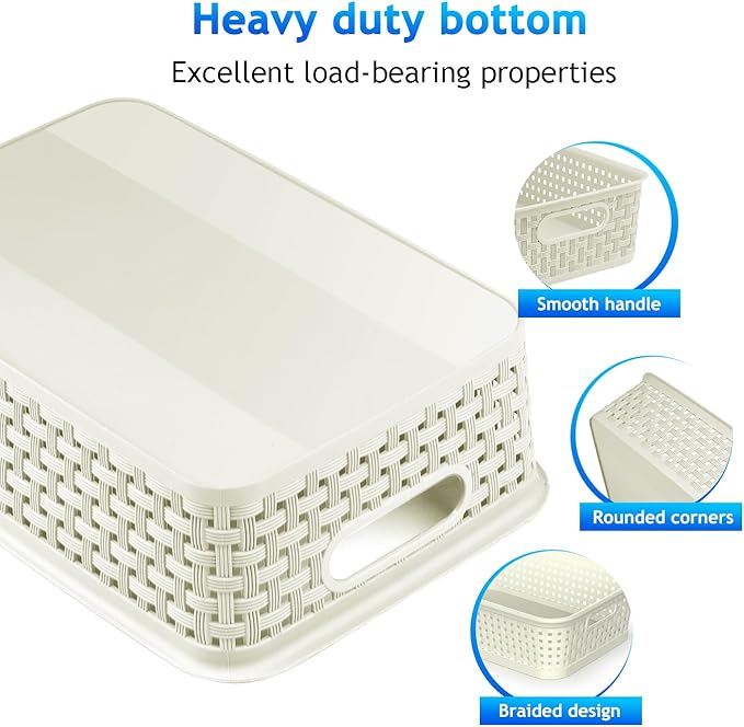 White Plastic Basket, 8 Pack Home Organization and Storage Baskets with Handles, Space Saving Woven Organizer Bins Plastic Storage Basket for Organizing Cabinets,Closets, Shelves, Countertops