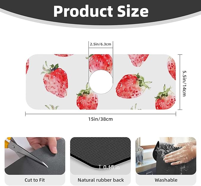 Faucet Draining Mat For Kitchen Sink, Watercolor Strawberries Diatom Mud Absorbent Drain Pad For Bathroom Kitchen Sink Splash Guard Drying Mat