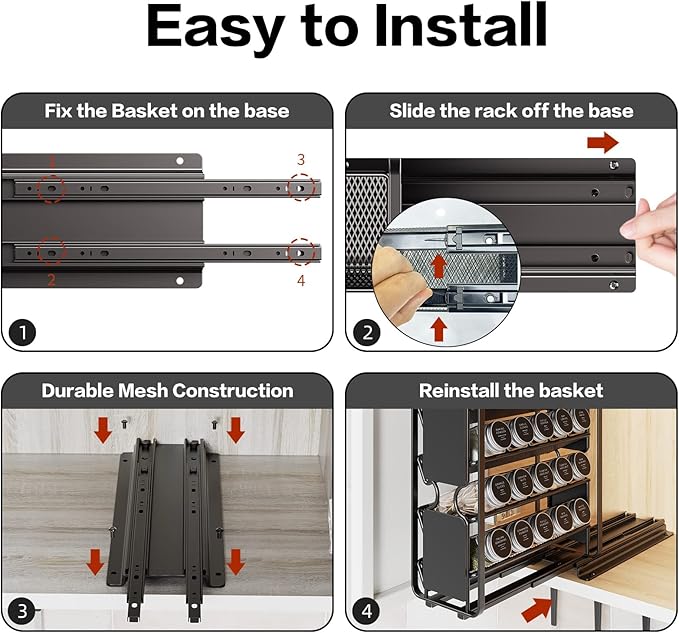 Spice Rack Organizer Drawer Cabinet: Pull Out Spice Seasoning Organization with 20 Jars - Facing Left or Right with Labels and Chalk Maker 4 Tier Slide Out Kitchen Storage for Countertop Wall Mount