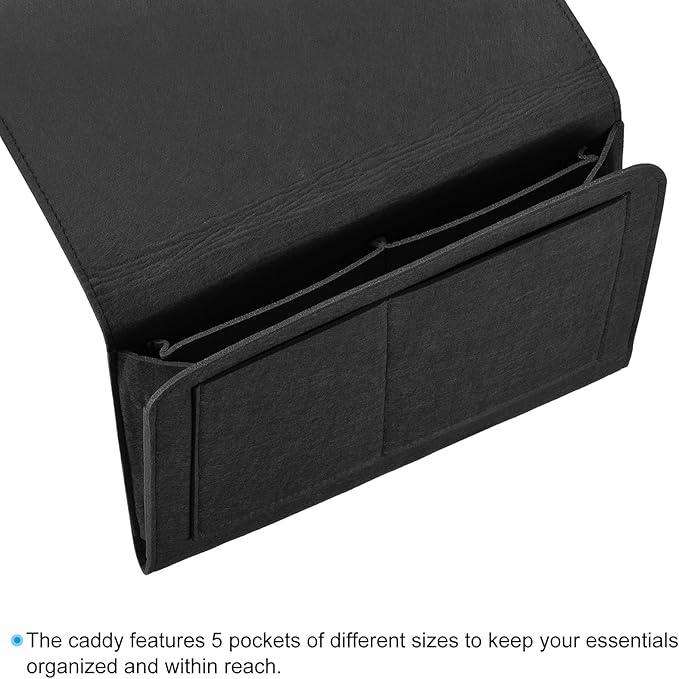 PATIKIL 13in Bedside Caddy, Bed Caddy Bedside Organizer Hanging 5 Pocket Soft Felt Bed Pockets Bedside Storage Organizer Remote Control Holder for Bedroom Phones Glasses, Black