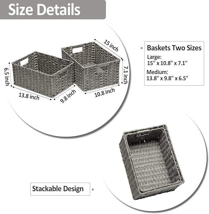 Wicker Baskets 2 Pack, Wicker Storage Basket with Handles, Waterproof Woven Baskets for Organizing, Large Storage Basket 15" and Medium 14", Grey