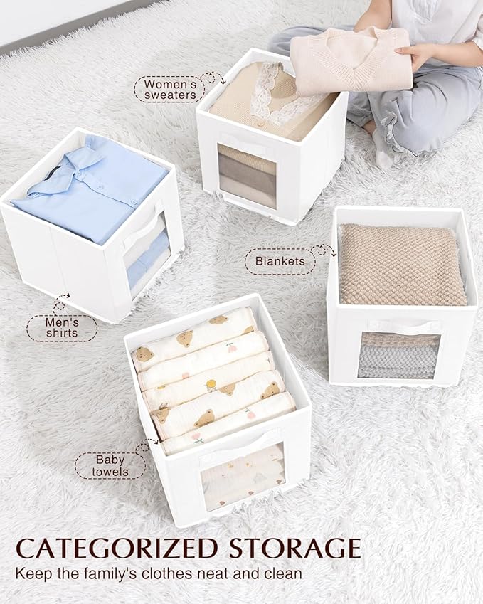 Storage Cube 11 Inch - Cube Storage Bins with Window, Closet Storage Baskets with Handle, Fabric Bins for Closet, Shelves, Toys, Clothes, Set of 10, White