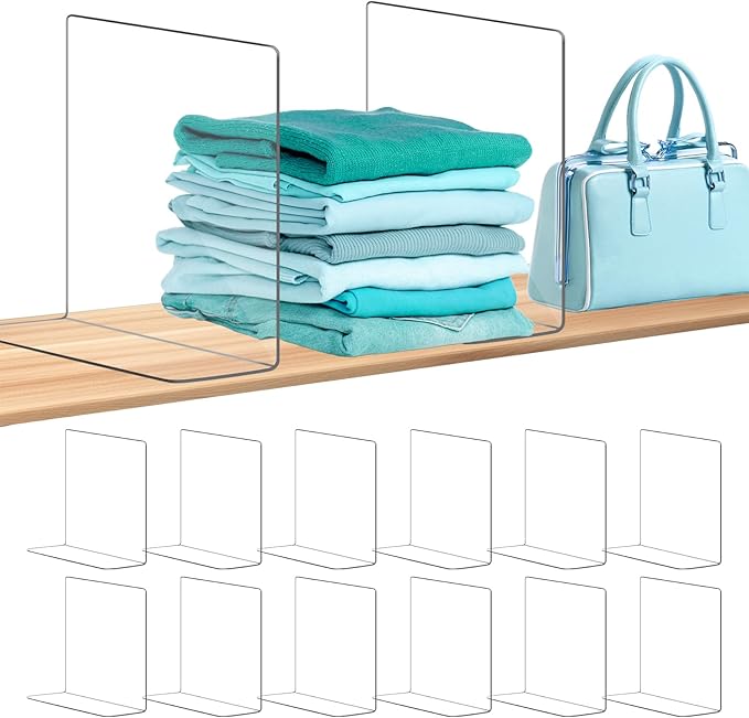 OKPOW Acrylic Shelf Dividers for Closet Organization: 12" Tall x 10" Deep Durable Clear Shelves Separators for Clothing Adjustable 12 Pack