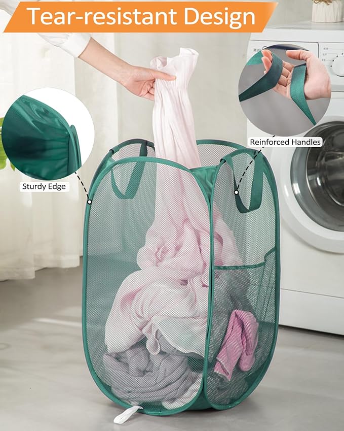 2 Pcs Durable Collapsible Laundry Baskets - Reinforced Mesh Pop Up Laundry Hamper with Pocket, Foldable Dirty Clothes Hamper with Carry Handles for Laundry, Bathroom, Kids Room, Dorm or Travel Green