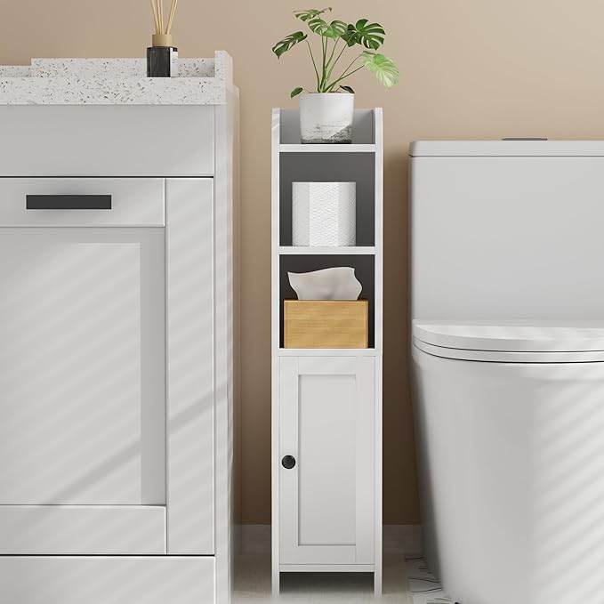 Homhedy Small Bathroom Storage Corner Floor Cabinet with Door and Shelves, Beside The Toilet Paper Stand for Skinny, Narrow Toilet Paper Cabinet, 7.9" D x 7.1" W x 31" H, White