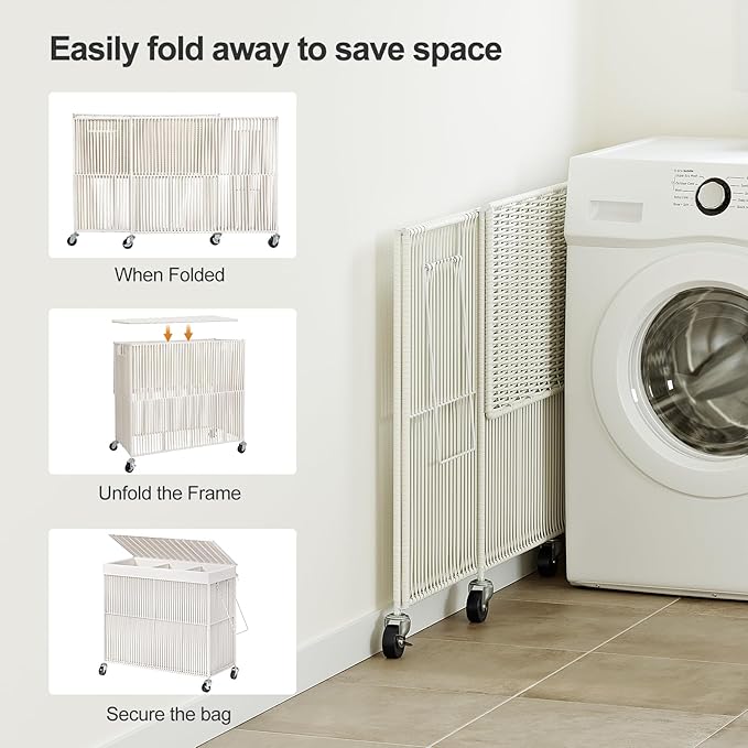 WOWLIVE Laundry Hamper with Wheels, 160L Handwoven Rolling Laundry Basket 3 Section with Lid, Clothes Hamper with 3 Removable Liner Bags, Large Laundry Sorter Laundry Room Organization, Creamy White