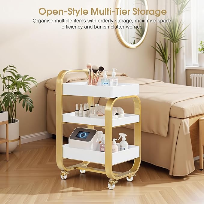 BarberPub Salon Storage Trolley with Shelves, Beauty SPA Rolling Cart with Lockable Wheels, 3-Tier Stylist Tool Organizer, Barber Mobile Station Equipment 2085 (Gold&White)
