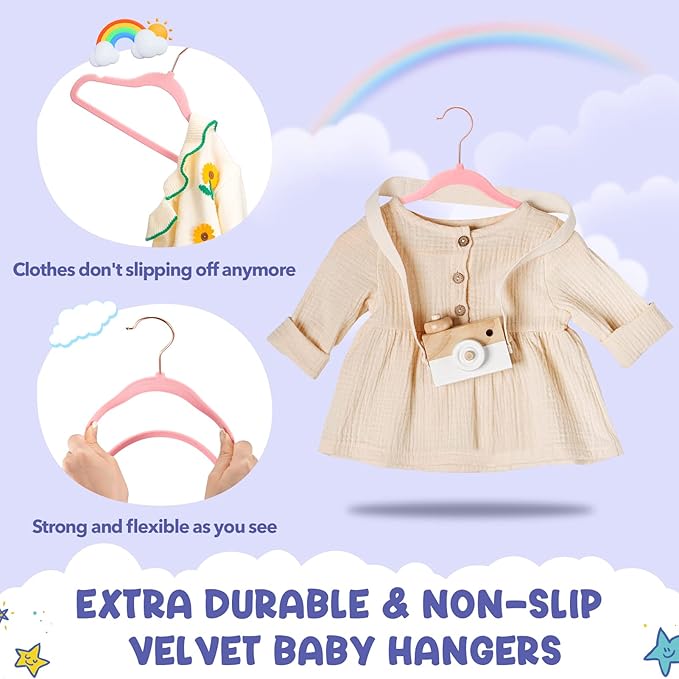 HOUSE DAY Velvet Baby Hangers for Closet, Kids Hangers Velvet 60 Pack, Non Slip Toddler Hanger 11.8 Inch, Durable Childrens Hanger for Newborn Baby Clothes- Blush Pink