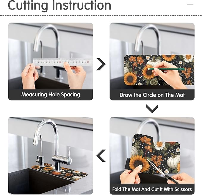 Kitchen Sink Splash Guard 2 PCS 14.7 Inch Sink Faucet Mat Splash Guard for Bathroom Countertop Water Absorbent Foldable Cuttable Soft Washable Black Dotty Pumpkins Sunflowers Daisy