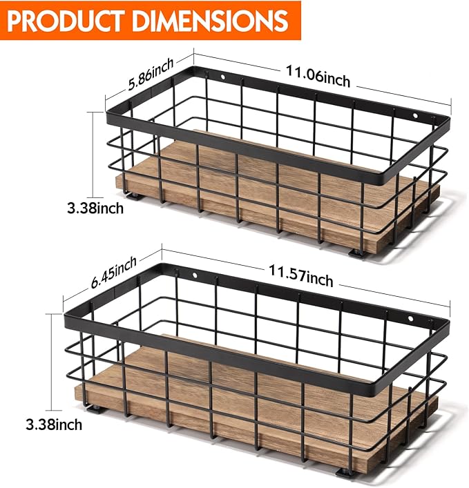 TJ.MOREE 2-Pack Small Metal Wire Basket, Decorative Wood Base Organizer for Bathroom, Kitchen, Basket for Toilet Paper Storage, Sugar Packet, Coffee Syrup, Guest Towel, Napkin