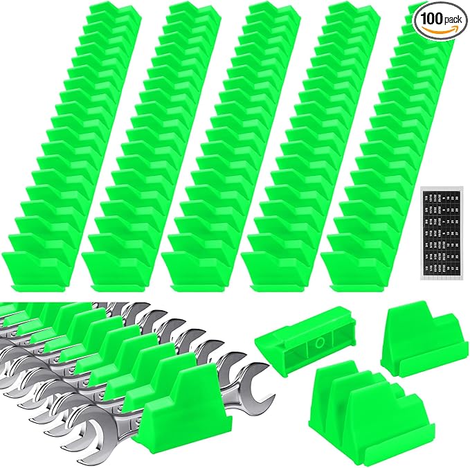 Chunful 100 pcs Modular Wrench Organizer Holder Wrench Tool Organizers Storage Racks Set with Metric & SAE Label for Tool Box Drawer Storage for Father Brother Professional Mechanics Men (Green)