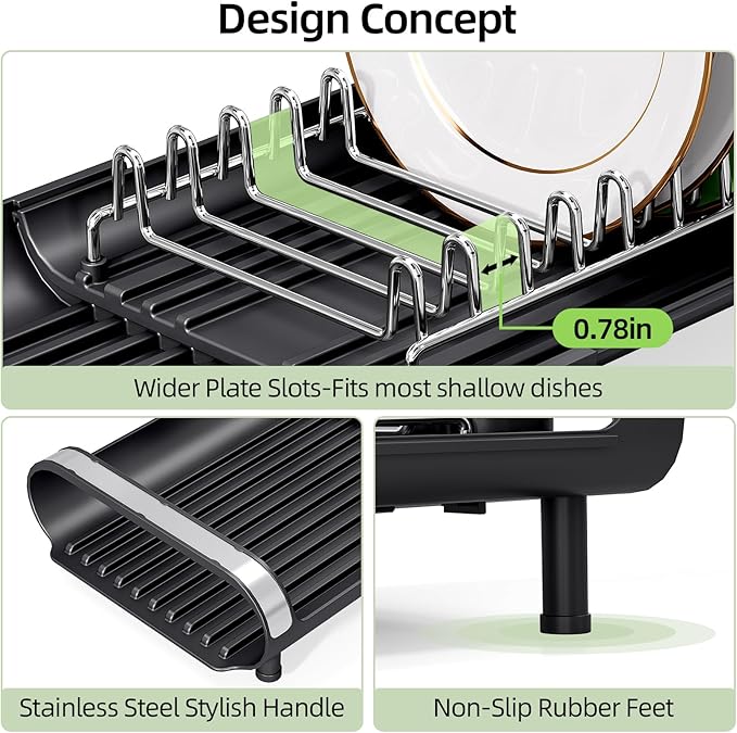 Small Dish Drying Rack, Mini Expandable Compact Dish Rack, Slim Extendable Stainless Steel Dish Drainer for Kitchen Plate Storage, Space Saving Dish Strainer in Sink or on Home Countertop, Matte Black