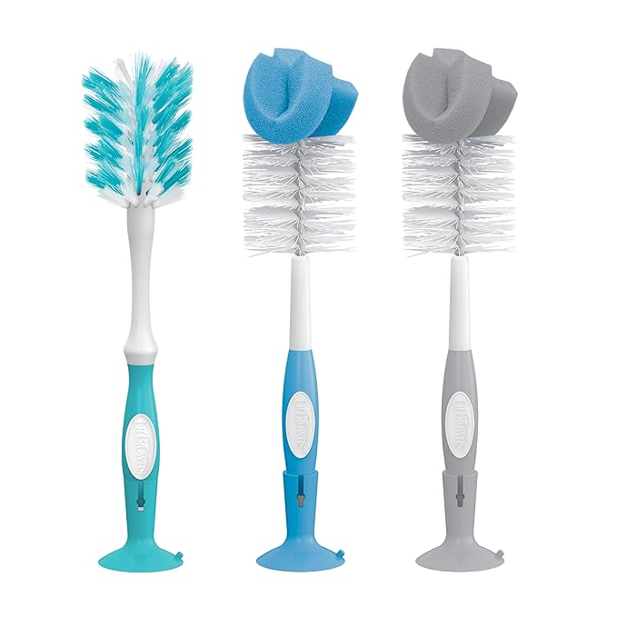 Dr. Brown's Reusable Sponge Baby Bottle Cleaning Brush, Blue and Gray + Deluxe Bottle Brush, BPA-Free, Blue, 3-Pack