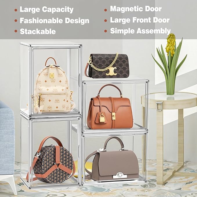 Tall Boot Storage Box 5 Pack, XX-Large Acrylic Shoe Box Sneaker Display Case 11.4'' x 9.8'' x 15.3'' Protection Organizer for Collectibles Clear Plastic Stackable Handbag Organizer with Magnetic Lids