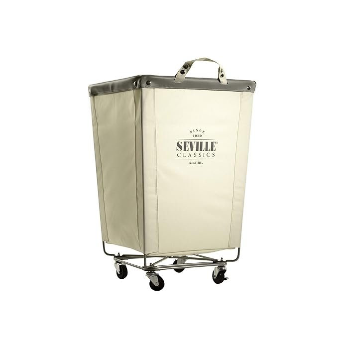 Seville Classics Large Commercial Heavy Duty Rolling Steel Frame Laundry Hamper Canvas Cart Bin, w/ Wheels for Hotel, Home, Closet, Bedroom (PATENTED), Cream, 18.1" D x 18.1" W