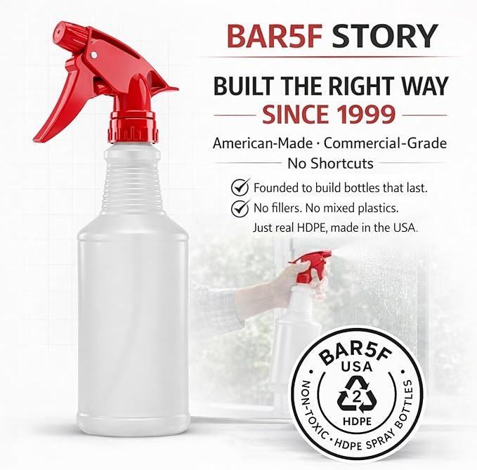 Bar5F Spray Bottles, 16 Oz, 4 Pack, Chemical-Resistant HDPE, BPA-Free, Non-Toxic, Red Trigger Sprayers, Refillable Empty Sprayer Bottle for Cleaning Solutions, Vinegar, Alcohol, Made in USA