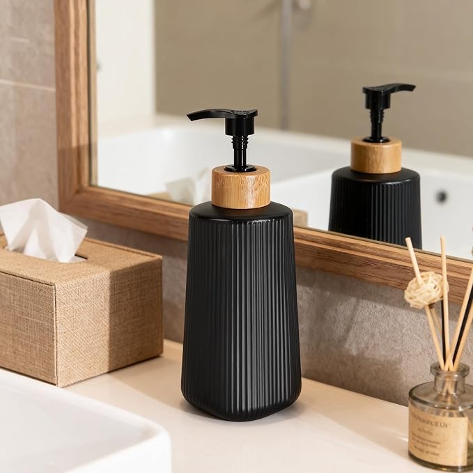Glass Soap Dispenser, Thickened Glass Hand Soap Dispenser for Bathroom, Kitchen Dish Washing Liquid Bottles, Shampoo and Conditioner Bottles, Modern Farmhouse Style, (Black, Set of 1, 12oz)