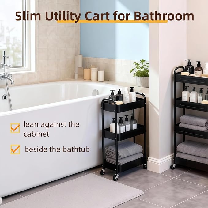 3 Tier Slim Metal Rolling Storage Cart for Laundry Room & Kitchen Organizer, 7.1'' Thin Standing Shelf for Narrow Spaces, Utility Cart with Wheels & Lockable Casters for Bathroom, Black