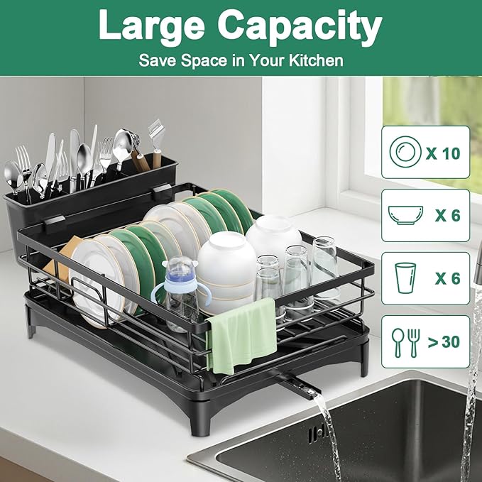 Dish Drying Rack for Kitchen Counter - Large Dish Rack with Removable Drainboard & Utensil Holder, Rustproof Metal Dish Drainer for Kitchen Sink