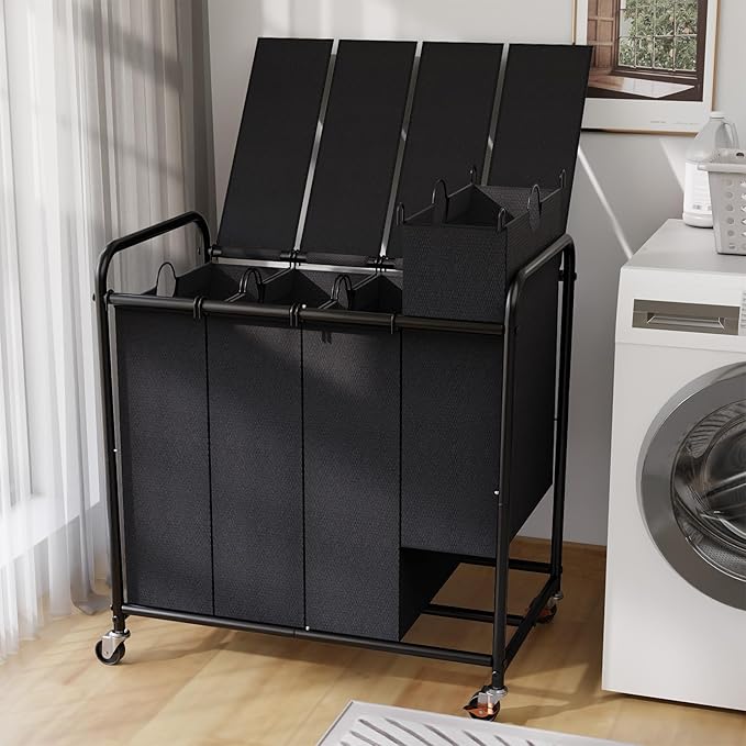 4-Compartment Laundry Cart with Lockable Wheels & Lid 180L Large Wheeled Laundry Basket Heavy-Duty Sorting Organizer for Laundry Room (Black)