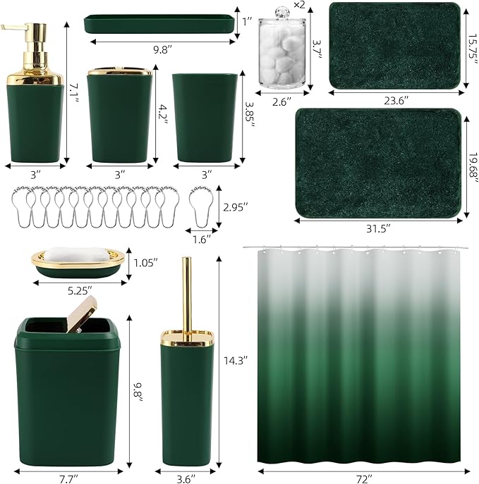 Bathroom Set - Dark Green Bathroom Sets with Shower Curtain and Rugs, 24PCS Shower Curtain Set with Hooks, Soap Dispenser, Soap Dish, Toilet Brush Holder and Trash Can for Housewarming