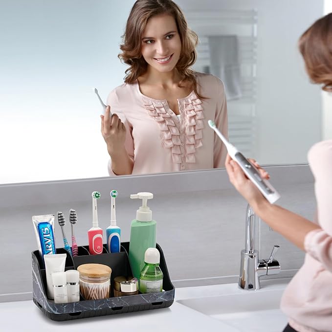 Marble Black Toothbrush Holders for Bathrooms - Detachable 7 Slots Bathroom Organizer Countertop Matte Black Electric Toothbrush and Toothpaste Holder for Bathroom Counter Vanity Sink Storage